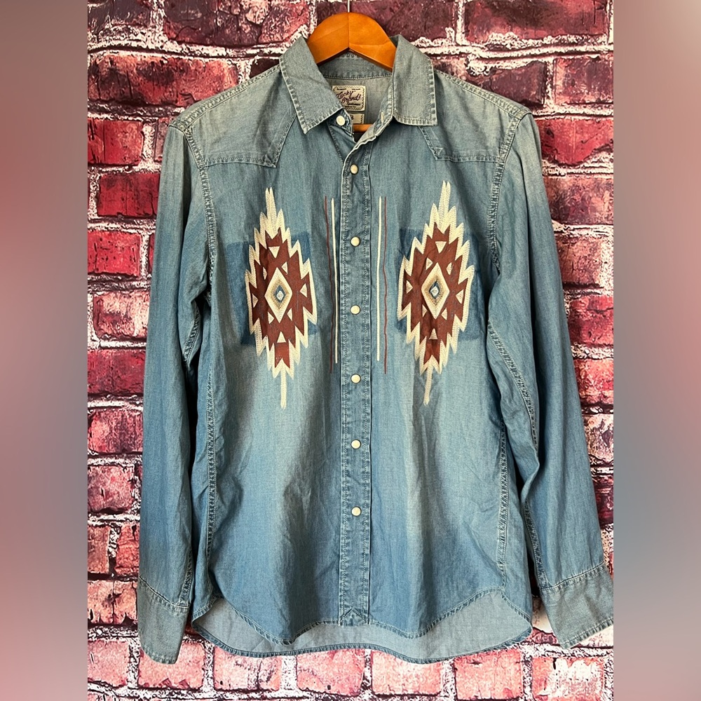 Lucky Brand Light Blue Denim Western Shirt with Brown Aztec Embroidery